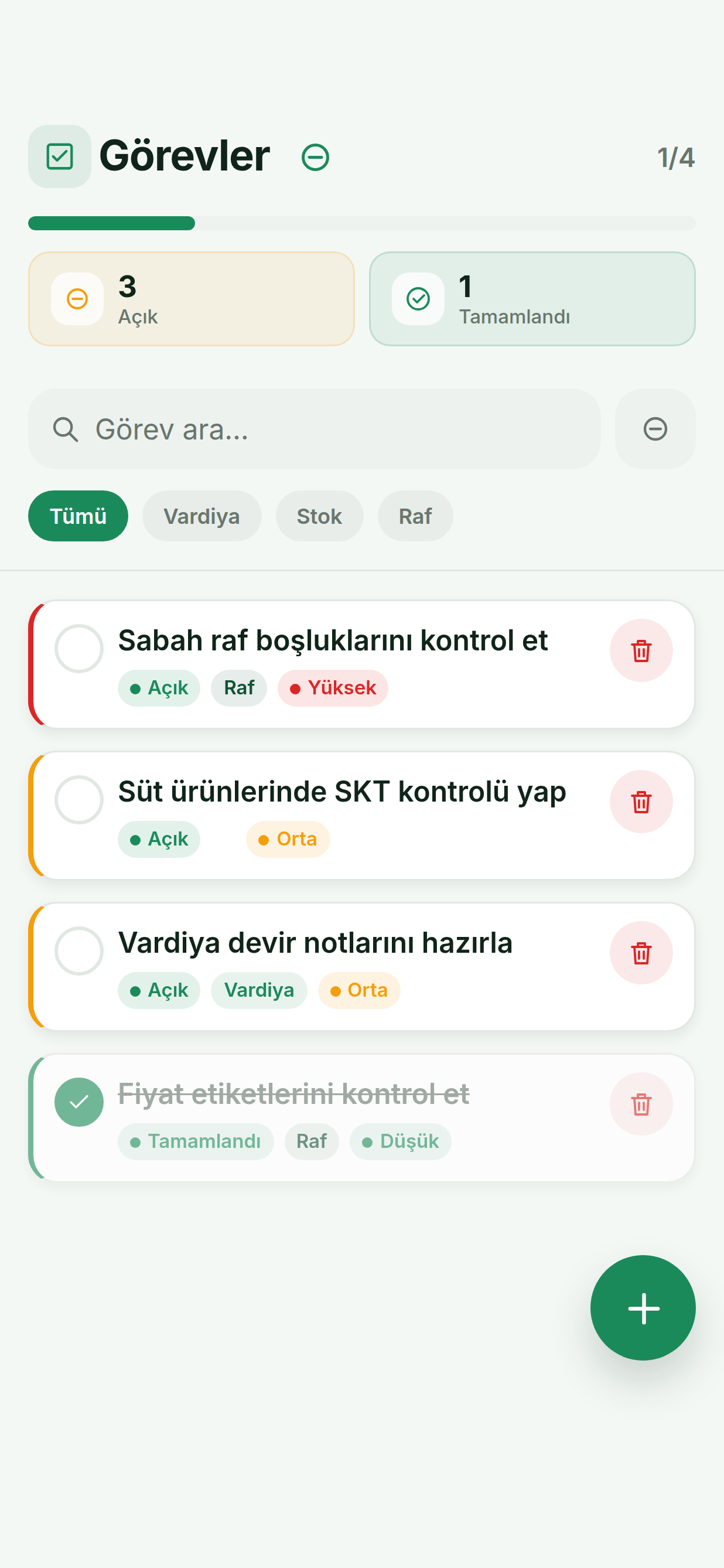 Shelfexa task list showing open and completed tasks with shift filters.
